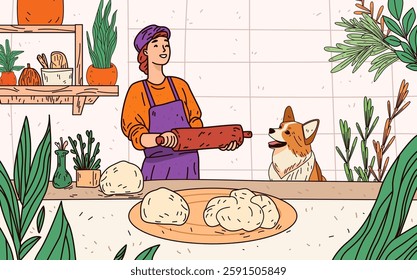 Baker with dog in kitchen cooking scene. Person holding rolling pin near dough on counter surrounded by plants cozy atmosphere. Website design template