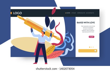 Baker and dough baking classes web page template vector cooking online courses chef cook rolling pin pastry or bakery food recipes learning Internet education videolessons subscription website.