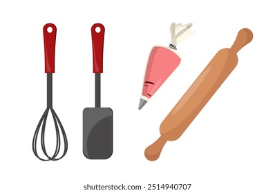 Baker elements set. Kitchen utensils. Mixer, spatula and rolling pin. Preparation of bakery and pastry food. Poster or banner. Flat vector collection isolated on white background