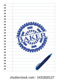 Baker emblem drawn with pen. Blue ink. Vector Illustration. Detailed.