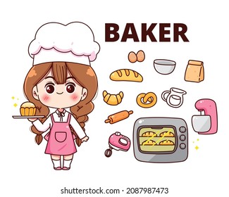 Baker equipment bakery element collection food cooking concept cartoon hand drawn cartoon art illustration