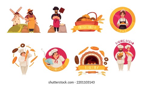 Baker flat compositions with farmers growing grain and cooks baking bread isolated vector illustration