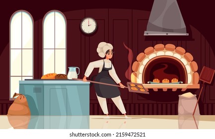 Baker Flat Poster With Woman In Chef Hat And Apron Introducing Bread In Classic Oven Cartoon Vector Illustration