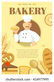 Baker and flour products poster with man in center wheat bread spoon on beige background vector illustration