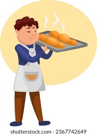 Baker with fresh bakery, illustration, vector on a white background.
