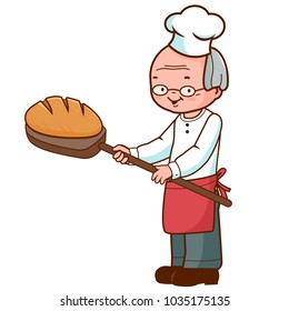 Baker with a freshly baked loaf of bread. Vector illustration.