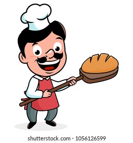 Baker with a freshly baked loaf of bread. Vector illustration