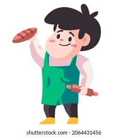 Bäcker mit grüner Schürze halten rollende Pin und Teig moderne Cartoon-Flachfarbe einzelne Hintergrund Vektorgrafik
