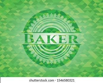Baker green emblem with triangle mosaic background. Vector Illustration. Detailed.