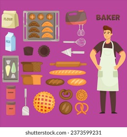 Baker and his equipment for cake, bread and other food cooking. Male character in apron with flour, mixer and baking cartoon vector illustration set. Cook profession, restaurant concept