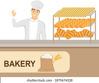 Baker with his pastries. A baker sells pastries over the counter. Vector illustration. Vector.