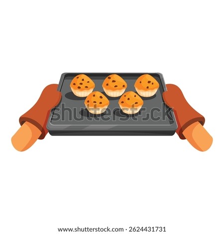 Baker is holding a baking sheet with freshly baked muffins, ready to be enjoyed