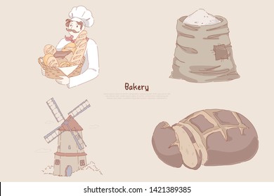Baker holding basket with delicious baking, wheat flour sack, windmill, sliced rye bread, pastry shop banner