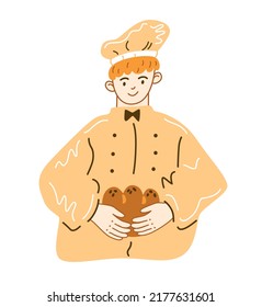 Baker holding bread in his hand. Man in a baker's suit. Illustration for a bakery sign, print, coffee shop. Cartoon and flat style. Colourful illustration isolated on white background.