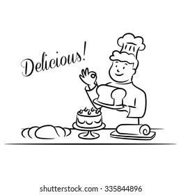 Baker Holding Bread with Several Cakes and Breads on Table, Cartoon Style, Vector Illustration, Isolated, Black and White