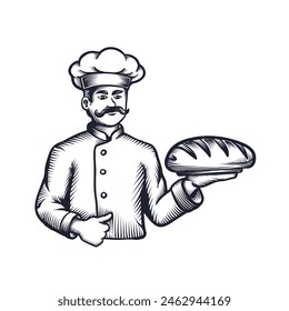 Baker holding a delicious bread. Chef wearing hat and uniform, showing pastry or French baguette on hand. Vector Hand drawn engraving style illustration.