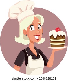 Baker Holding a Delicious Cake Vector Cartoon Illustration. Woman cooking dessert for anniversary birthday party
