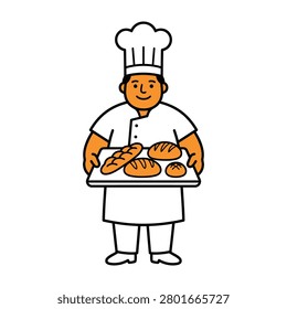 Baker holding a fresh tray of assorted baked bread with culinary profession delicious bakerhat character illustration restaurant catering