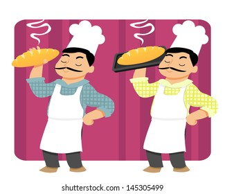 A baker holding freshly baked bread.