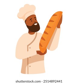 Baker is holding a freshly baked loaf of bread with a cheerful expression