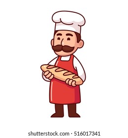 Baker holding loaf of bread, cute character in traditional uniform with mustache. Isolated vector illustration.