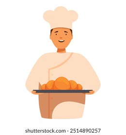 Baker is holding a tray of freshly baked croissants, smiling warmly, suggesting a delicious aroma and a welcoming atmosphere