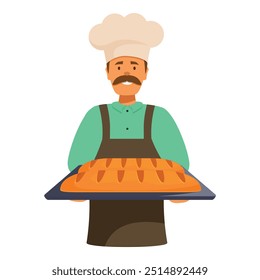 Baker is holding a tray full of fresh baked loaves of bread