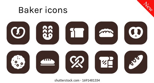 baker icon set. 10 filled baker icons.  Simple modern icons such as: Pretzel, Bread