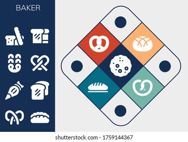 baker icon set. 13 filled baker icons.  Simple modern icons such as: Bread, Pretzel, Pastry bag