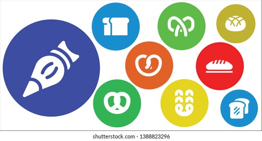 baker icon set. 9 filled baker icons.  Collection Of - Pastry bag, Bread, Pretzel