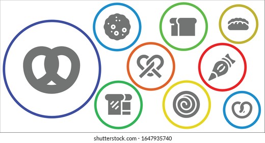 baker icon set. 9 filled baker icons.  Simple modern icons such as: Pretzel, Bread, Cinnamon roll, Pastry bag