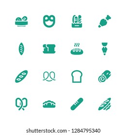 baker icon set. Collection of 16 filled baker icons included Bread, Pretzel, Cinnamon roll, Pastry bag