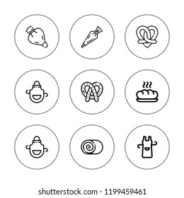 Baker icon set. collection of 9 outline baker icons with apron, baguette, cinnamon roll, pastry bag icons. editable icons.