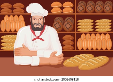 Baker Indian in a cap at a bakery or bakery. A smiling male baker stands behind the counter against the backdrop of shelves with pastries. Family business concept. Colored vector cartoon illustration.