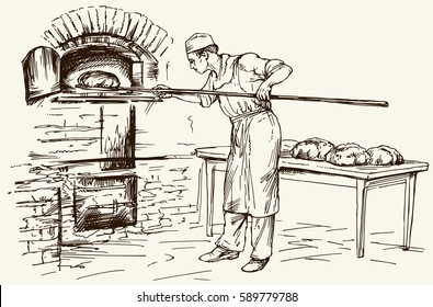 Baker Introducing Bread In A Classic Oven. Hand Drawn Illustration.