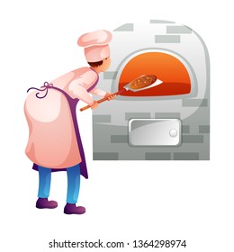 Baker in kitchen flat character. Chef cooking pizza in stove. Meal preparing process. Chef baking bread isolated clipart. 