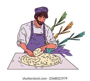 Baker kneading dough colorful floral background chef in apron and hat preparing bread on table vibrant leaves design concept