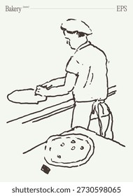 Panadero amasando la masa en la mesa en el bosquejo de la cocina del Profesional