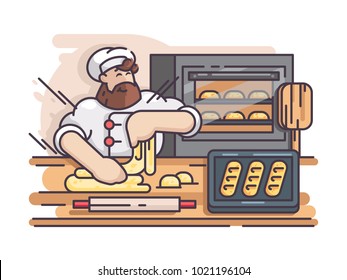 Baker kneads and cooking dough. Cook prepares pastries in kitchen. Vector illustration