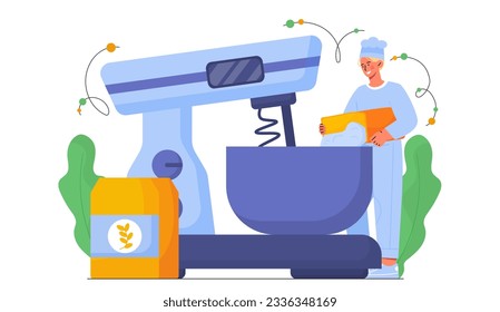 Baker con concepto de máquina. Hombre en chefs que prepara productos de harina, pasteles y dulces. Postre y delicadeza. Panadería, café o restaurante con masa. Dibujo vectorial plano de dibujos animados