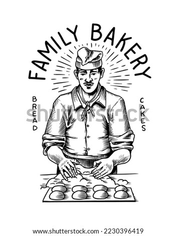 Baker makes dough for bread. Engraved hand drawn in old sketch and vintage style for label, logo and menu, bakery shop.