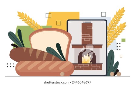 Panadero haciendo concepto de pan. Panadería y pastelería cerca de chimenea. Productos harineros y trigo. Comida y comida casera. Ilustración vectorial plana de dibujos animados aislada sobre fondo blanco