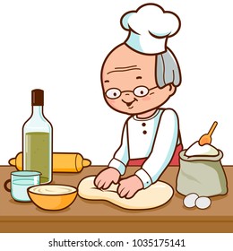 Baker making bread, kneading pastry or dough in the bakery kitchen. Vector illustration