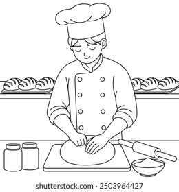 Baker Making Bread Outline Coloring Page. Labor Day Hand Drawn Clip art