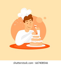 Baker making a cake. Flat design vector illustration.