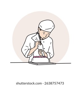 The baker is making a cake in a white uniform. Hand-drawn vector design illustration