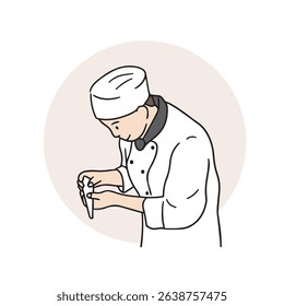 The baker is making a cake in a white uniform. Hand-drawn vector design illustration