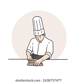 The baker is making a cake in a white uniform. Hand-drawn vector design illustration