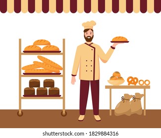 Baker man in the bakary shop baked fresh bread, pies, buns and baguette on shelfs. Vector illustrations on white background.