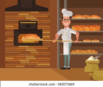 Baker Man Character Bakes Bread. Vector Flat Cartoon Illustration